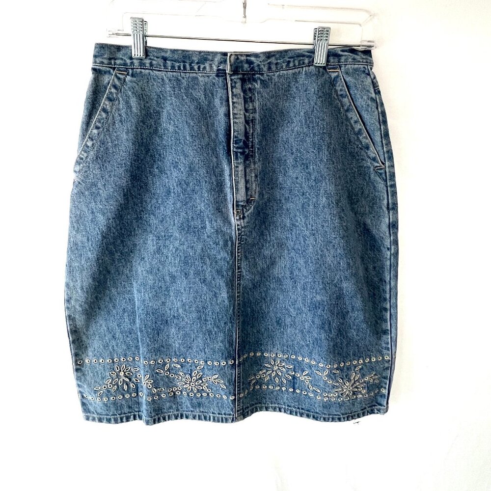 Gloria Vanderbilt Skirt, Denim Pencil with Cutwork Embroidery Design, Size 10